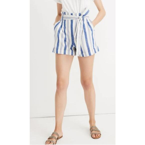 MADEWELL $70 Blue White Stripe Belted Linen Cotton Paperbag Shorts Size 4 - Picture 1 of 5